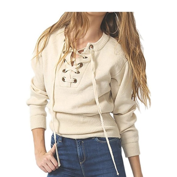 S. the Widow Sweaters - ELEANOR Cream Lace Up Knit Pullover Sweater